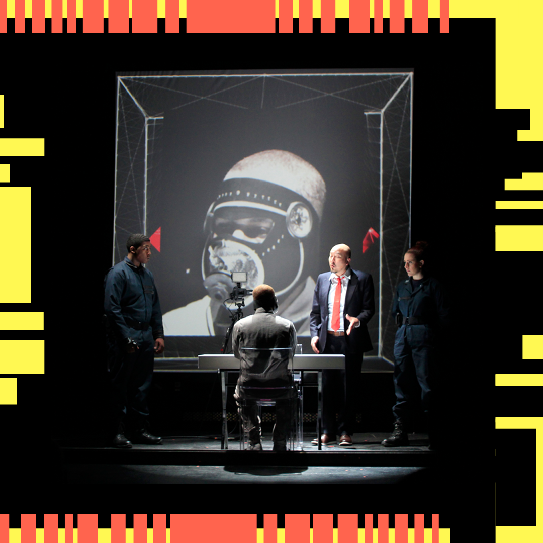 Futuristic stage and set design for AGNUS creates the world of the play out of projections and mirrors.Photo: AGNUS premiere in New York City 2018